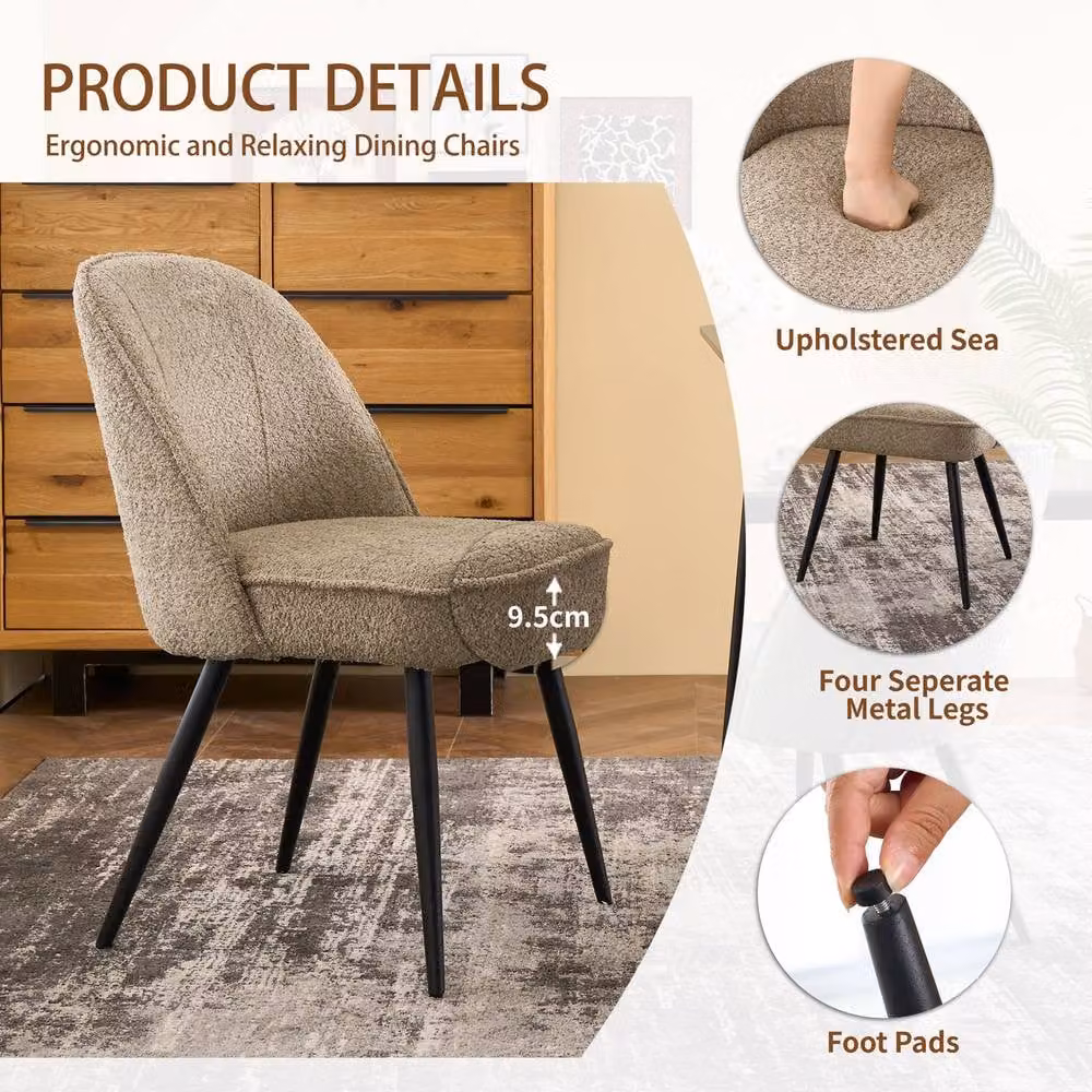SONARA Set of 2 Modern Bouclé Fabric Dining Chairs with Metal Legs in Khaki – 4