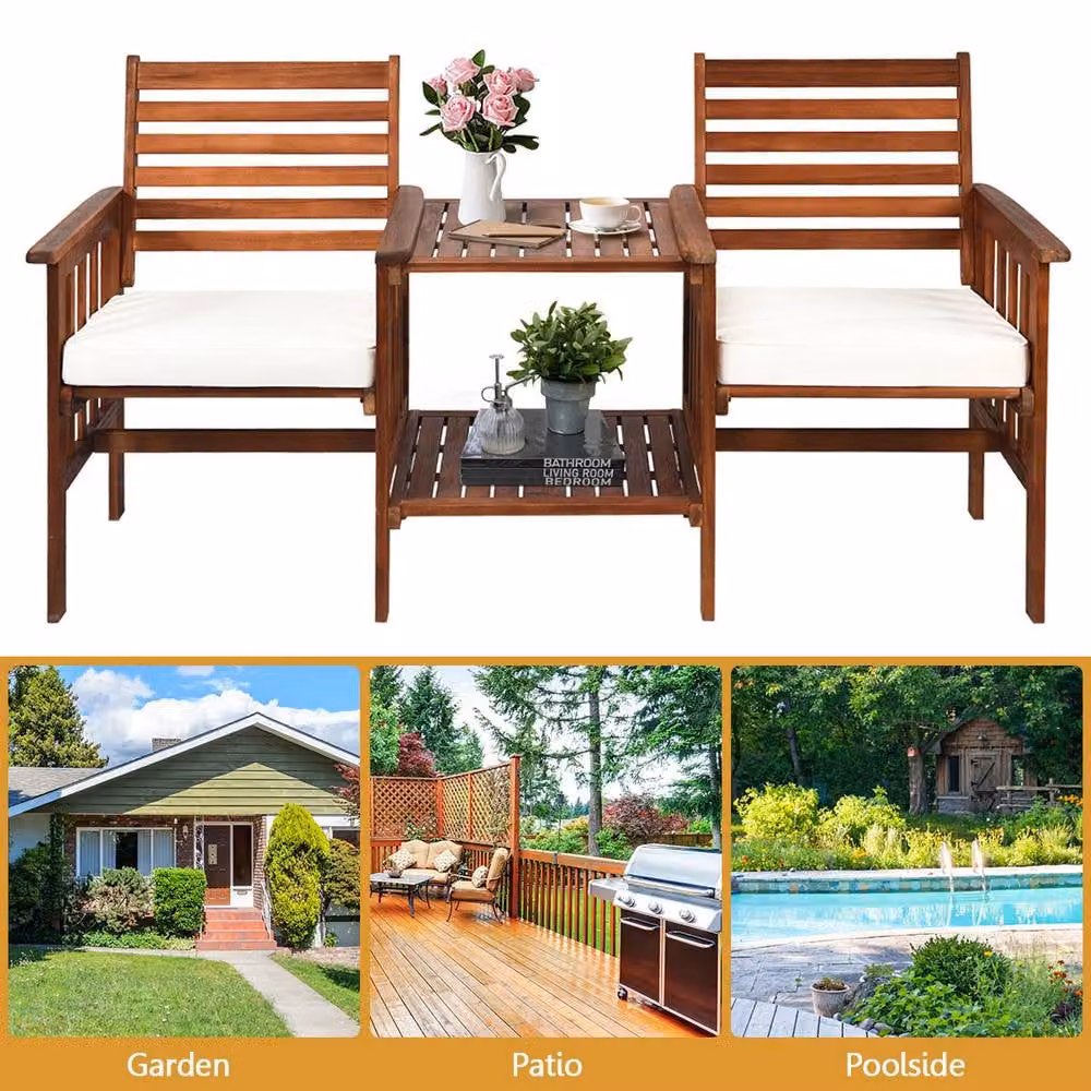Gymax 3 Piece Acacia Wood Garden Furniture Set in Brown with Outdoor 2 Seater Sofa, Coffee Table and Upholstered Cushions – 3