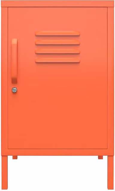 Cache industrial metal locker with one hinged door and internal shelves in matt orange