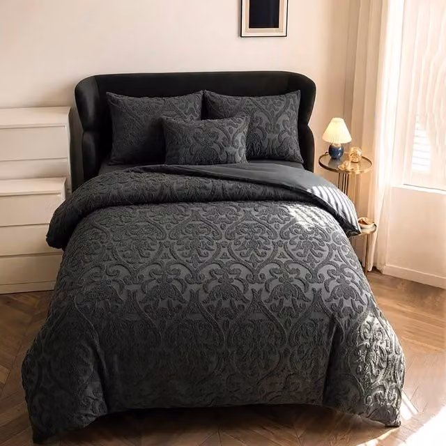 GAVENO CAVAILIA 3-Piece King Size Reversible Damask Duvet Cover and Pillowcase Set in Charcoal Grey Microfibre
