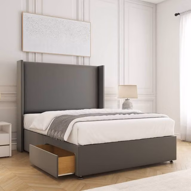 BSSPOKE Austin Small Double Divan Bed with Plush Headboard and 2 Drawers in Grey