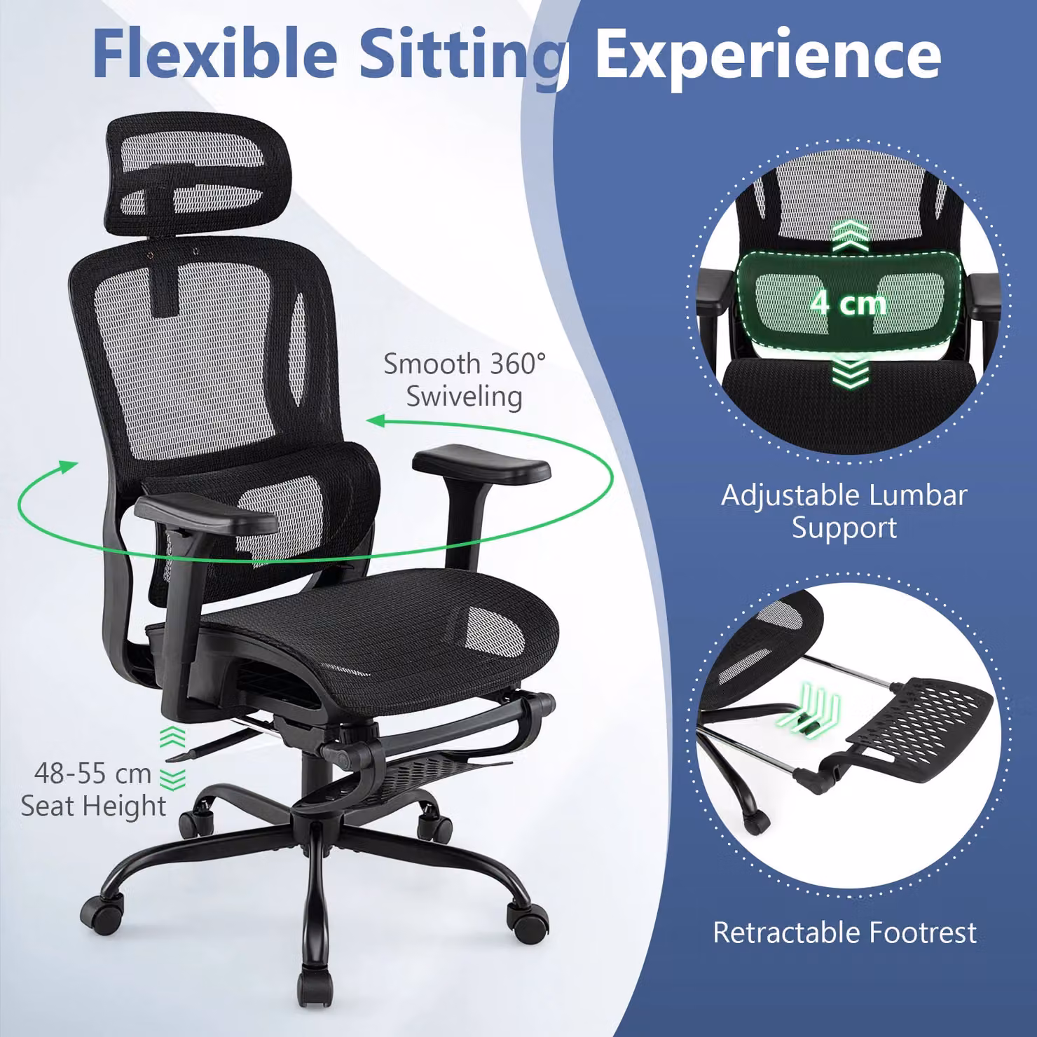 Gymax Ergonomic Swivel Office Chair with Headrest and Armrests in Black Fabric – 8