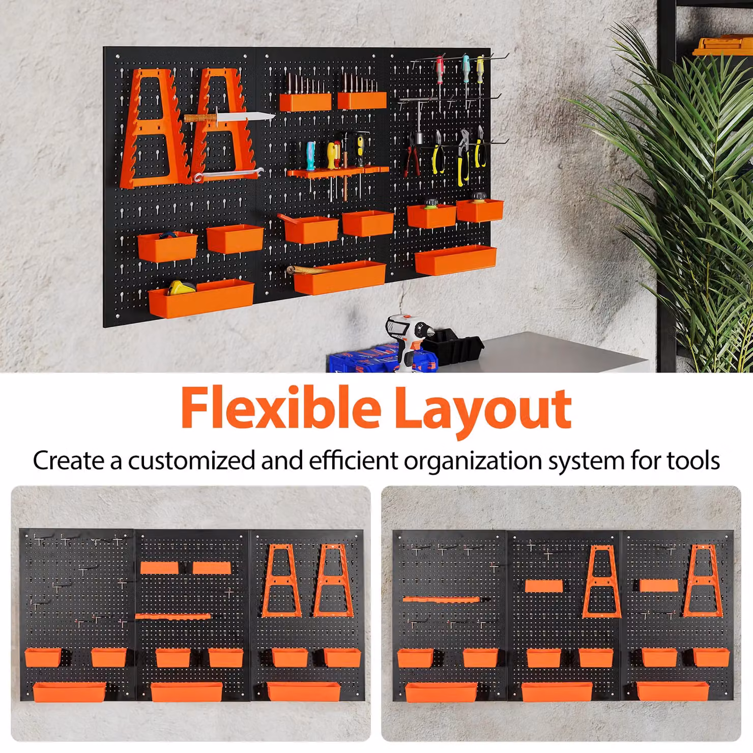 Costway Pegboard Wall Organizer with 9 Bins and Hammer Racks, Orange, W/D/H: 120 x 60 x 26 cm – 7