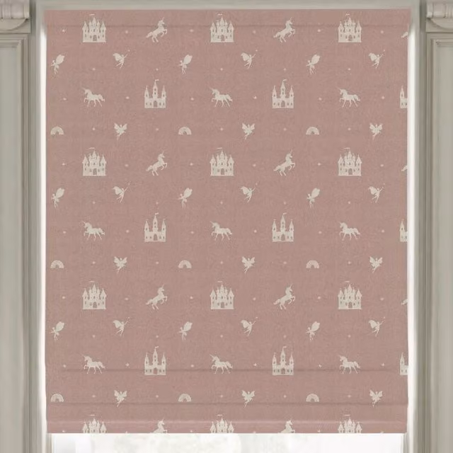 ANTE DECOR Castles and Unicorns Printed Cotton Made to Measure Roman Blind, Pink