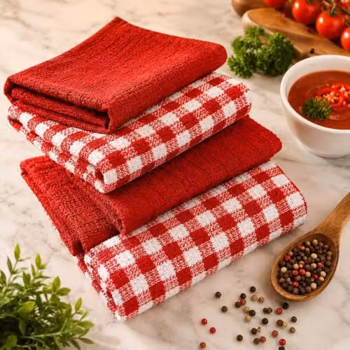 Casabella Pack of 6 Red and Blue Checked Cotton Terry Towelling Kitchen Tea Towels – 3