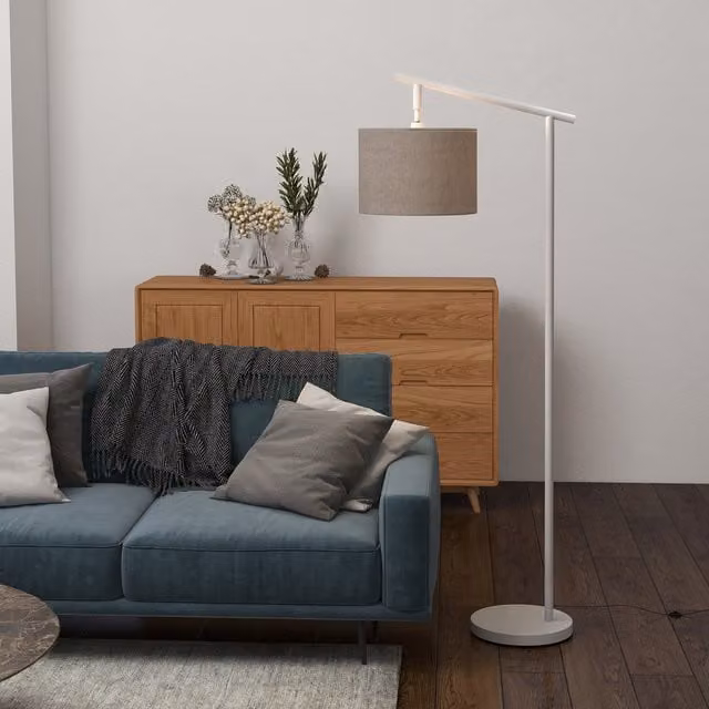 HOMCOM Modern Grey Floor Lamp with Adjustable Rotating Fabric Shade and LED Bulb Included