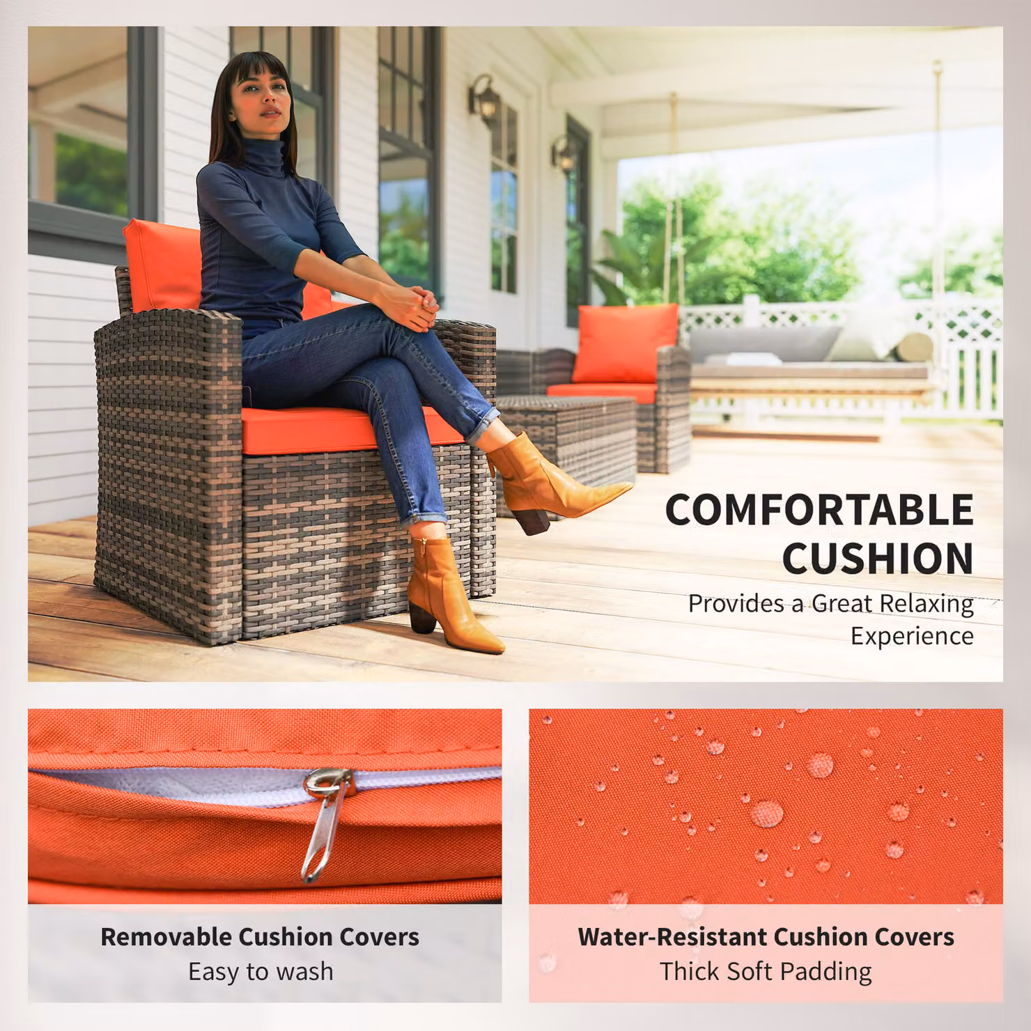 Outsunny 6 Piece Rattan Garden Furniture Set with Orange Cushions and Storage Tea Table – 5