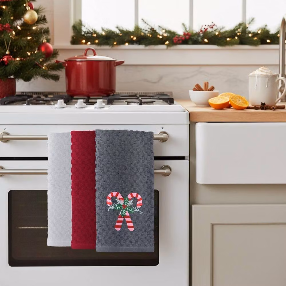 Velosso Candy Canes 3 Pack Grey Cotton Christmas Embroidered Tea Towels – 2
