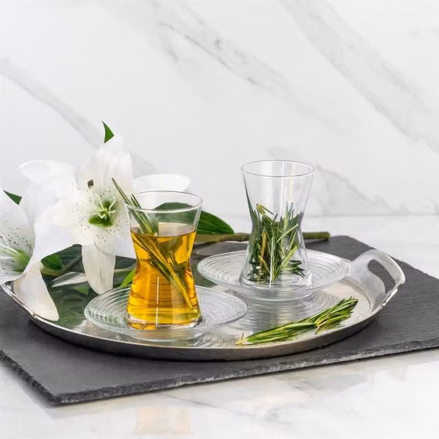 LAV Pack of 6 Transparent Striped Glass Tea Cup and Saucer Set, 13 cm