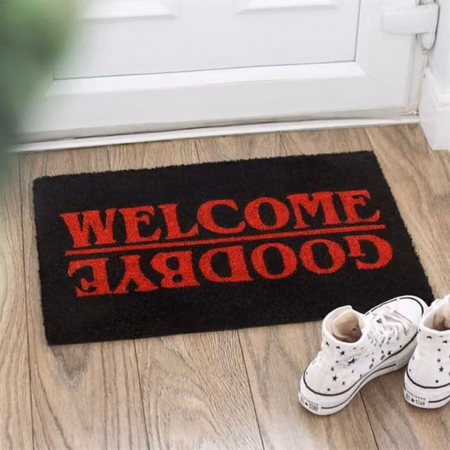 KDMK Black Rectangular Coir Doormat with Red Graphic Text