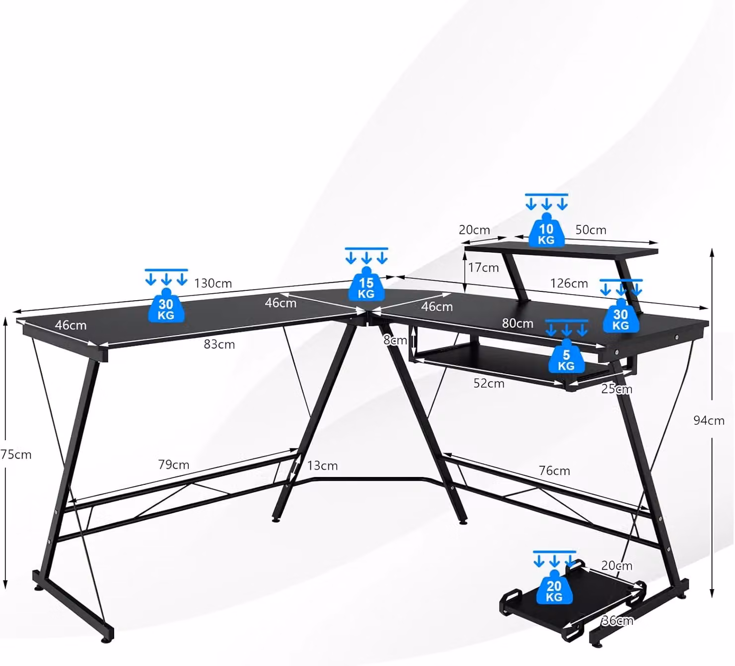Gymax L-Shaped Corner Desk with Pull-Out Workstation and Removable Monitor Shelf in Black – 4