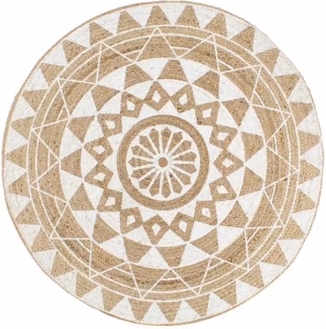 Berkfield Home Handmade Braided Jute Round Rug with White Floral Print, Beige, Diameter: 100 cm