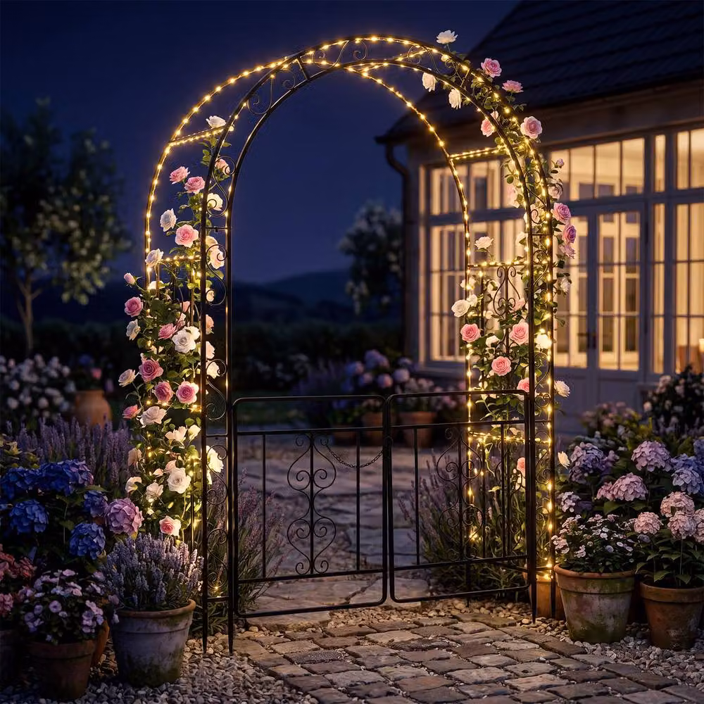 Gymax Metal Garden Archway Arbour with Lockable Doors and Plant Trellis, Black, H 213.0 x W 135.0 x D 60.0 cm – 4