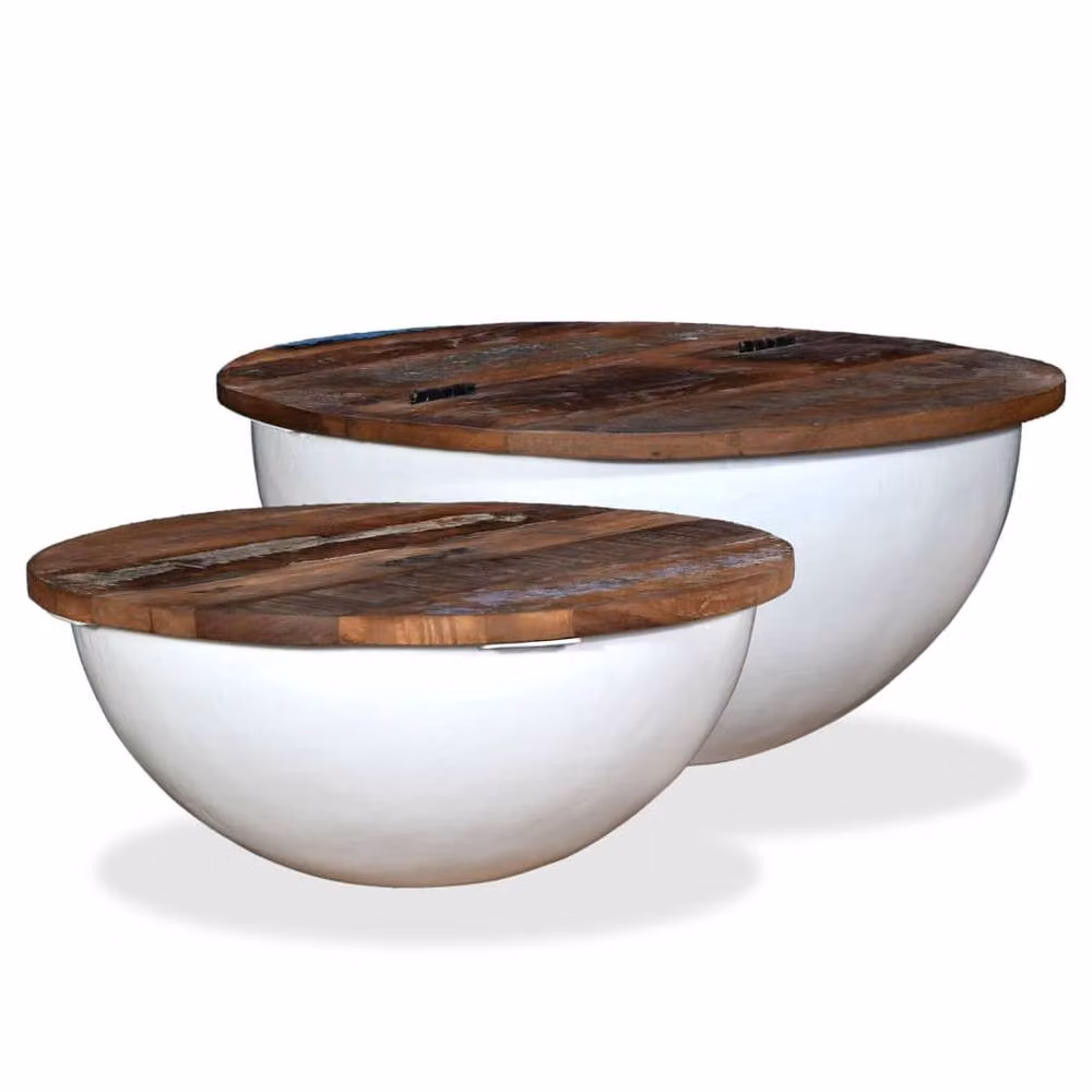 Berkfield Home Beautiful 2 Piece Round White Lacquered Solid Reclaimed Wood Coffee Table Set – 2