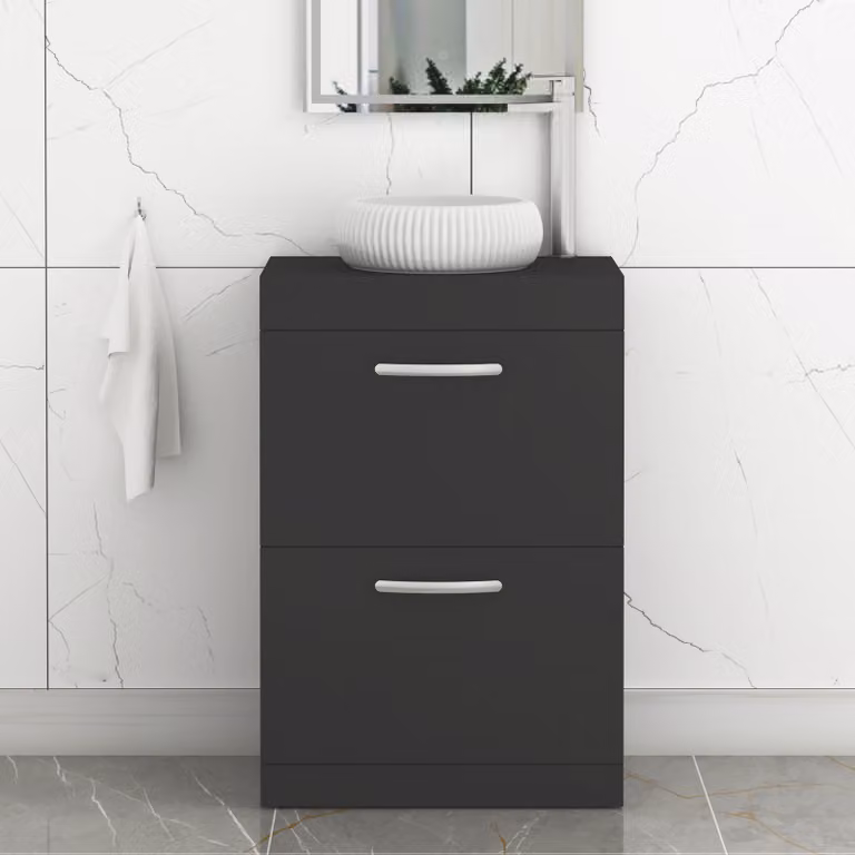 Royal Bathrooms Turin 500mm Floor Standing 2 Drawer Vanity Unit in Matt Black with Milan Countertop Basin and Brushed Brass Handle