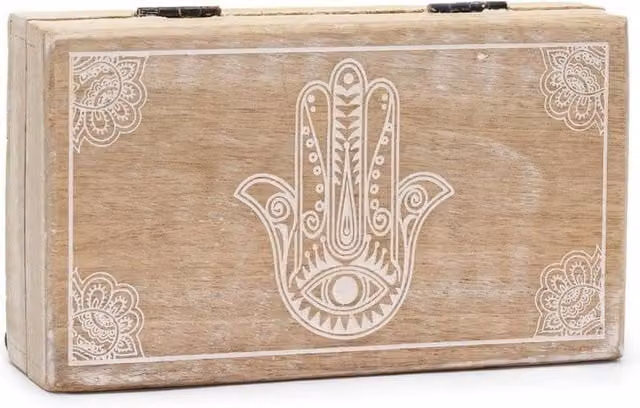 KDMD Med Square Box with Hamsa Motif in Brown Wood, W: 17 cm, D: 10 cm, H: 4.2 cm