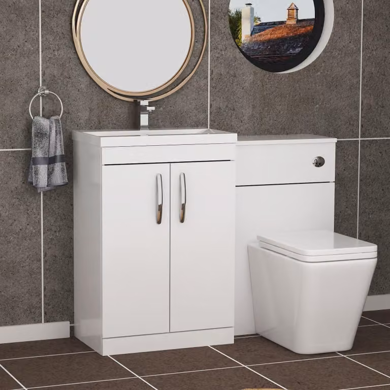 Royal Bathrooms Gloss White 2 Door Furniture Pack with Mid Edge Basin and Slim Elena Back to Wall Toilet, Width: 110 cm