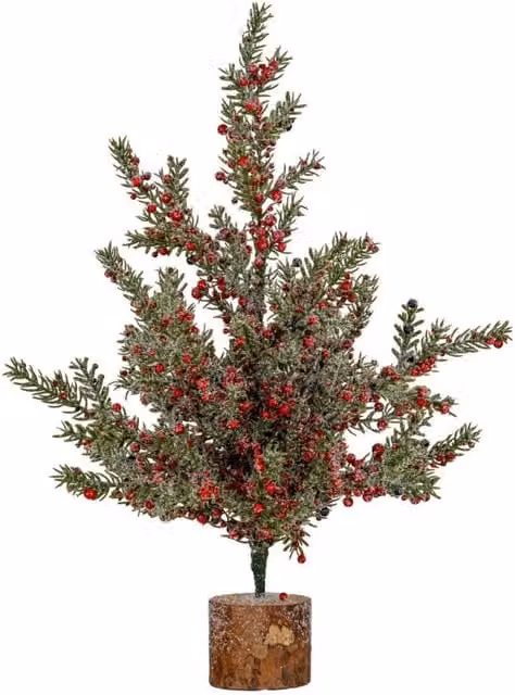 KDMD Large Frosted Winter Berry Tabletop Tree on Wooden Block in Red