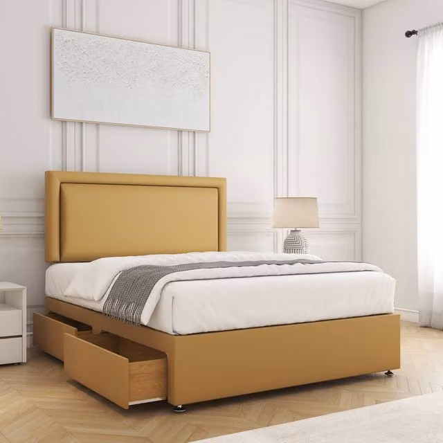 BSSPOKE Ella Velvet Divan Bed with 24 inch Headboard, 2 Drawers and Mattress, Yellow, W/D/H: 180 x 200 cm