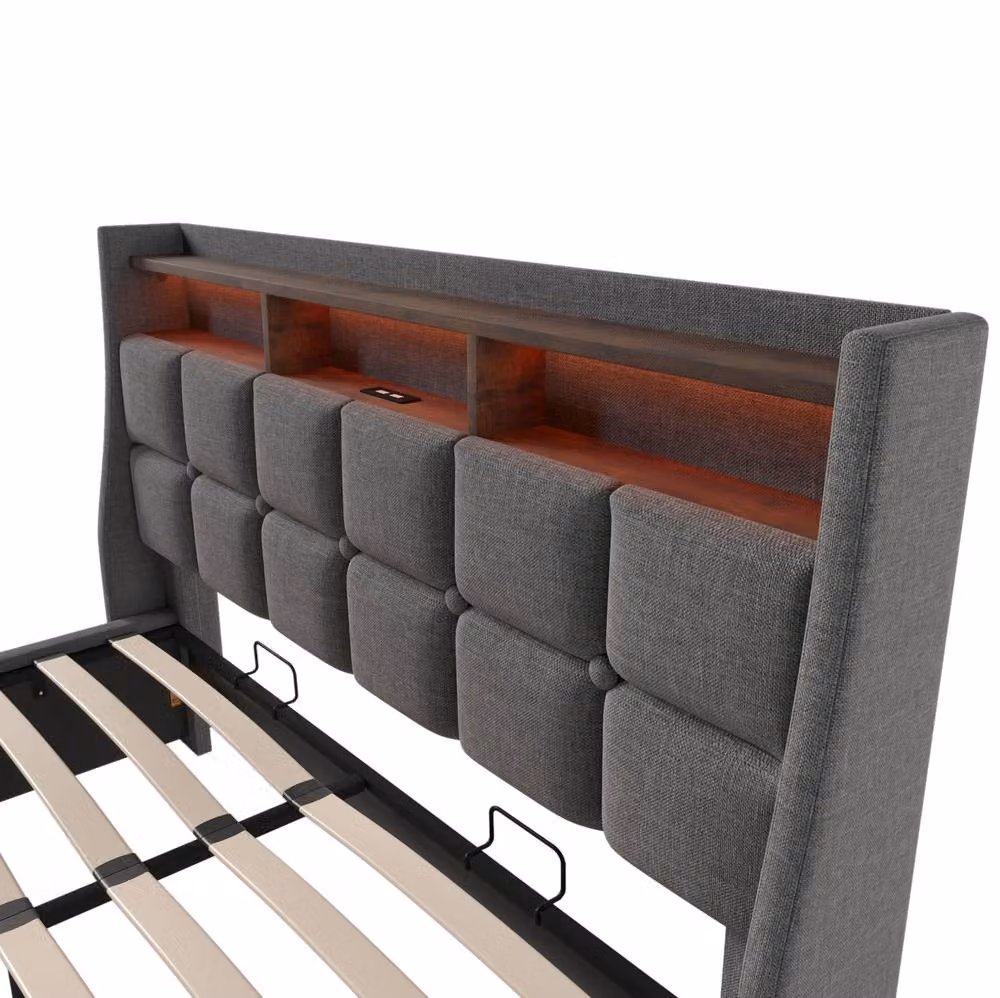 STILVORA Upholstered Super King Bed in Grey with USB Charging Port, Bedside Shelf and Lift-Up Base, W/D/H: 180 x 200 x 117 cm – 8