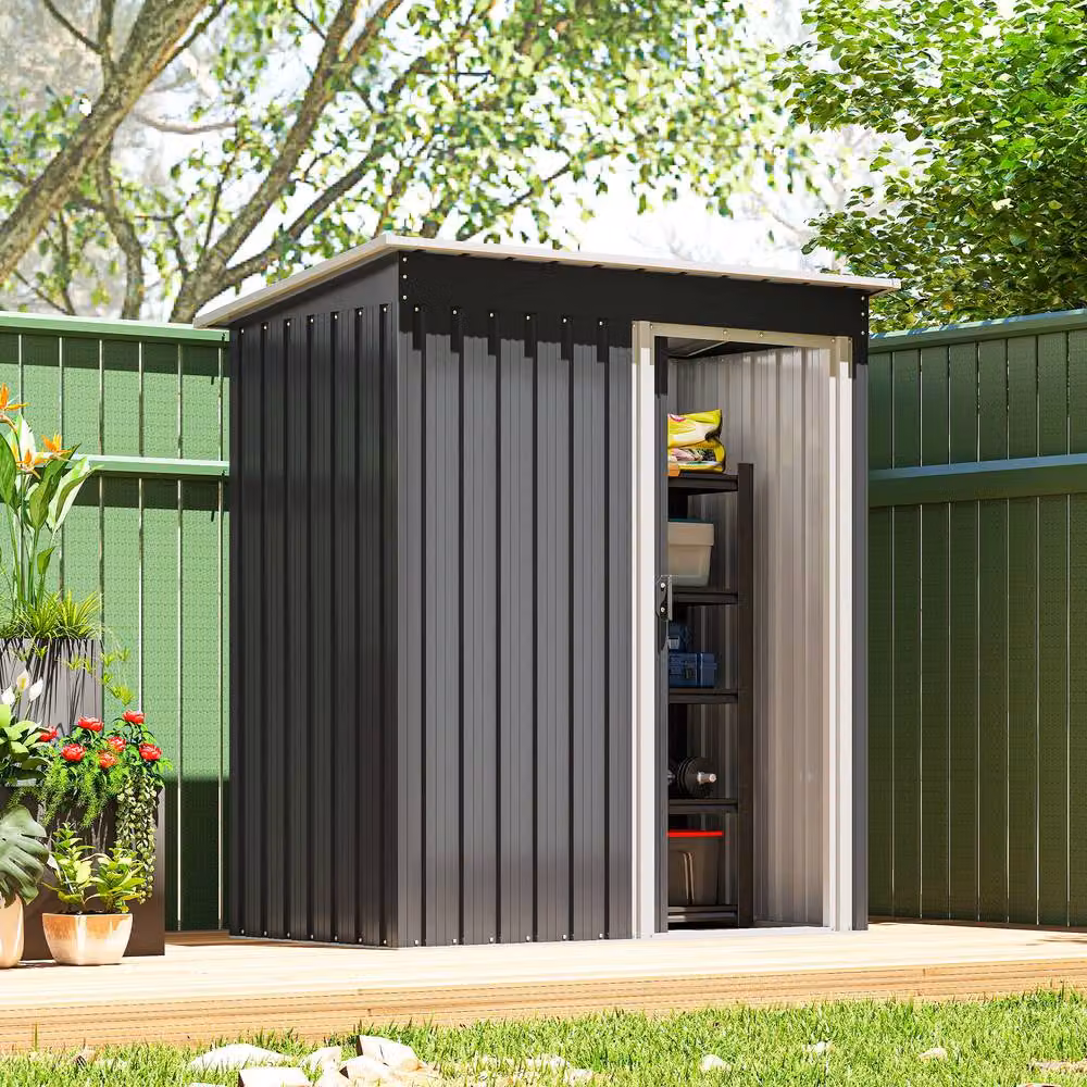 Rolipo Black Metal Garden Storage Shed with Sliding Door and Sloped Roof, W: 152.4 cm, D: 91.44 cm, H: 182.88 cm – 3