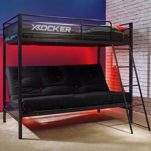 X Rocker Stronghold High Sleeper Bunk Bed with Black Cotton Double Futon Sofa Bed, Single Size – 1