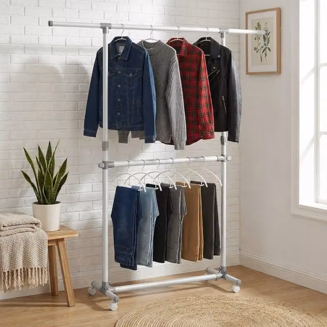 SONGMICS Double Clothes Rail with Extendable Top Rail, White Metal Clothing Rack