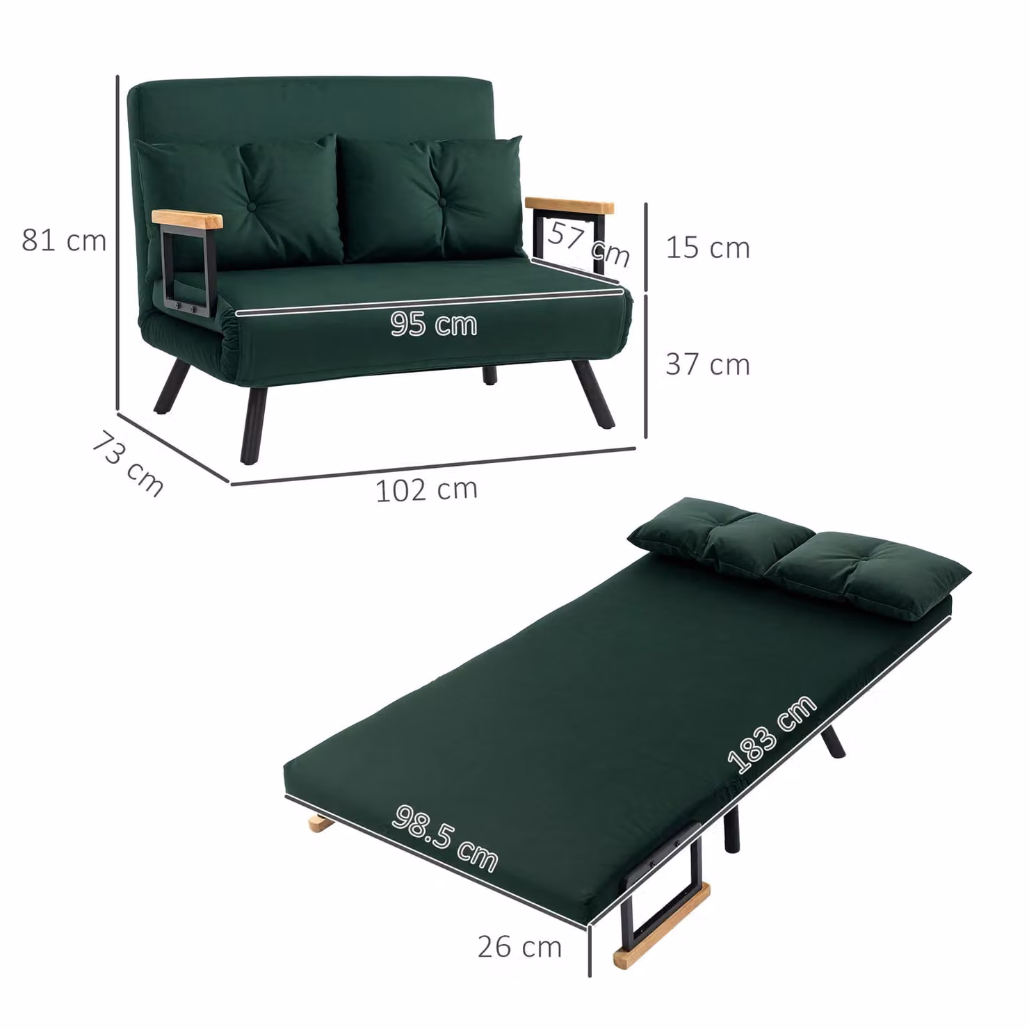 HOMCOM Green Velvet 2 Seater Click Clack Sofa Bed with Metal Frame and Scatter Cushions – 3