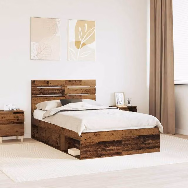 Berkfield Home Bed Frame with Headboard in Old Wood Brown, Solid Pine and MDF, W: 120 cm, L: 190 cm – 1