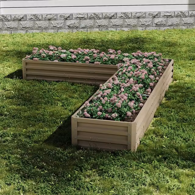 Livingandhome L-Shaped Galvanised Steel Raised Garden Bed in Brown