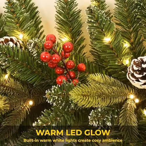 SHATCHI 2m Snow Flocked Artificial Green Christmas Garland with Warm White LED Lights, Pinecones and Red Berries – 3