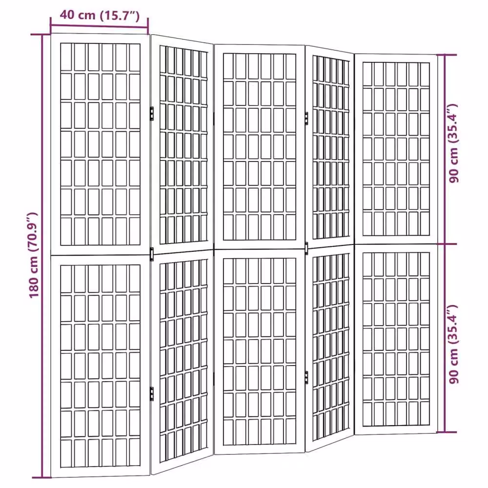 Berkfield Home 5-Panel Room Divider in Black Solid Paulownia Wood, H 180 cm x W 180 cm x D 1.6 cm – 6