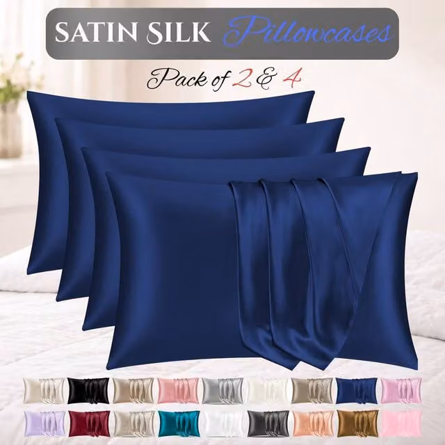 Grace Pack of 4 Blue Satin Silk Pillow Cases, W/D/H: 50 x 70 cm