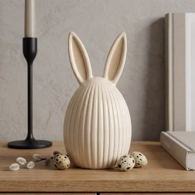 Garden Greatness Ribbed Easter Egg Bunny Ears Ceramic Ornament in Beige and White