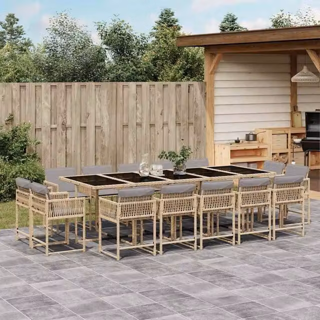 Berkfield Home 15 Piece Garden Dining Set with Beige Cushions in Mixed Poly Rattan