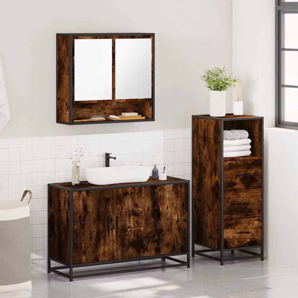 Berkfield Home 3 Piece Industrial Bathroom Furniture Set in Brown Smoked Oak – 4