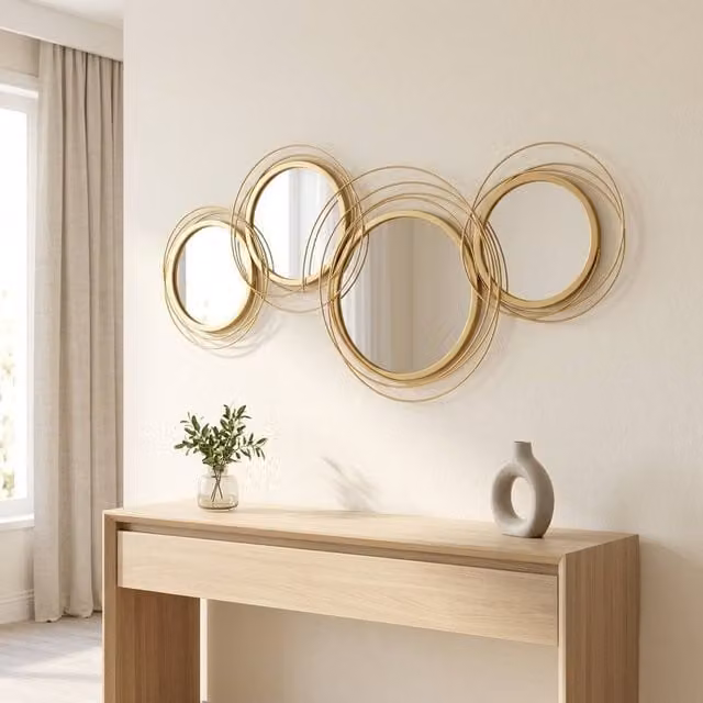 STILVORA Modern Round Wall Mirror with Four-Part Waved Circle Geometric Design in Gold, Diameter: 107 cm