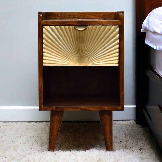 Artisan Furniture Mini Manila Solid Wood 1 Drawer Bedside Table in Brown and Gold