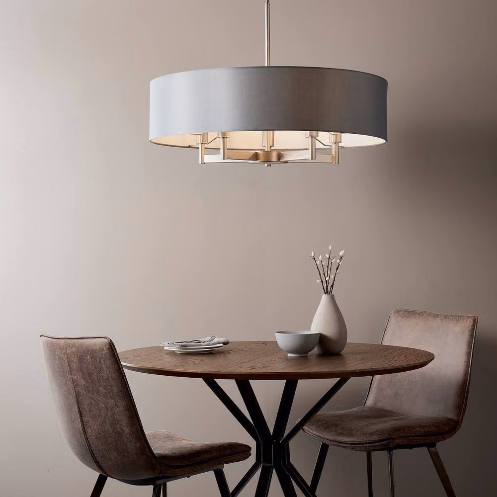 Netlighting Grande Cylindrical Pendant Light in Grey Fabric with Matt Nickel Plate, 5 x E27 – 2