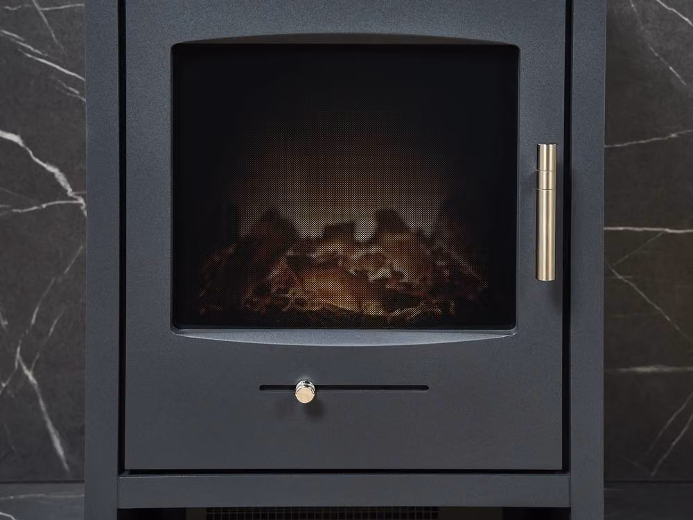 Acantha Fires & Fireplaces Bergen Electric Stove and Angled Pipe with Black Marble Effect Tile and Hearth Set – 3
