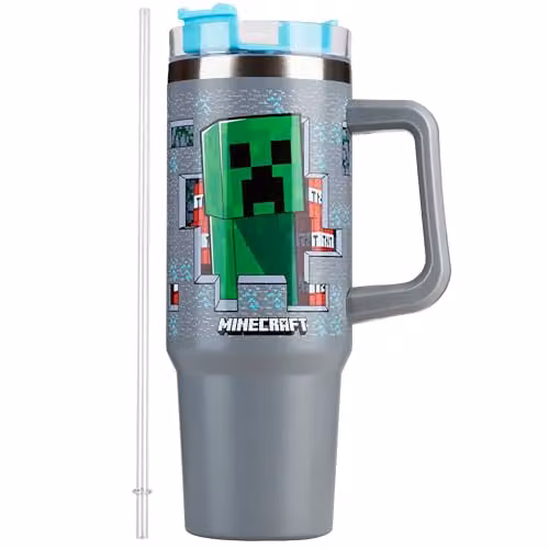 Get Trend Minecraft Insulated Bradley Travel Mug with Straw and Handle, 840ml, Grey