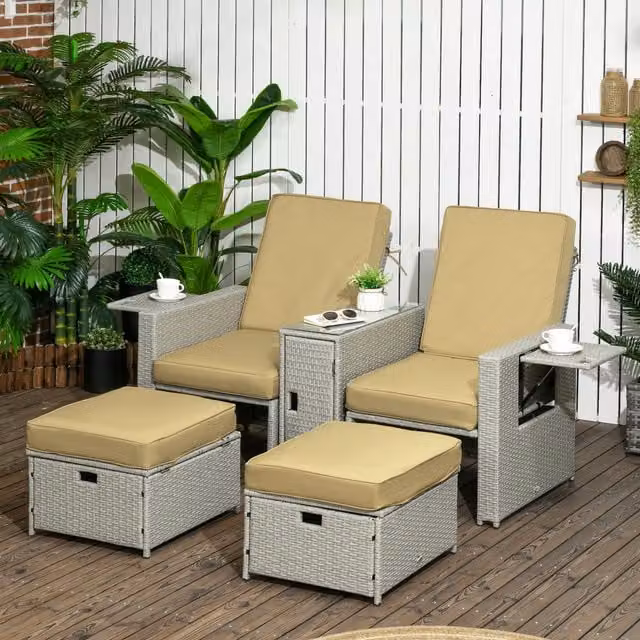Outsunny 5-Piece PE Rattan Sun Lounger Set with Adjustable Recliner, Storage Side Table and Footstools in Beige – 1