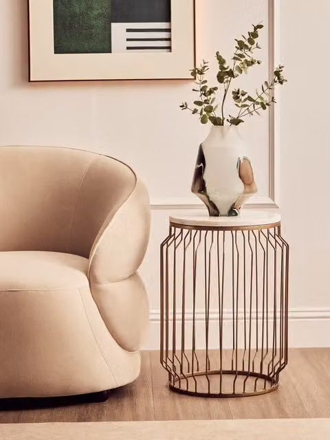 Orsina Round White Marble Top Side Table with Gold Wireframe Base – 1