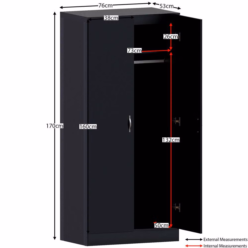 HD Designs 2 Door MDF Wardrobe in Black, H 170 cm x W 76 cm x D 47 cm – 3