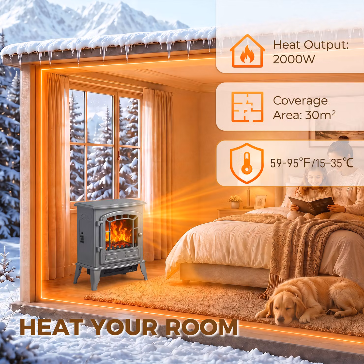 HOMCOM Grey Electric Fireplace Stove with LED Flame Effect and Adjustable Thermostat – 4