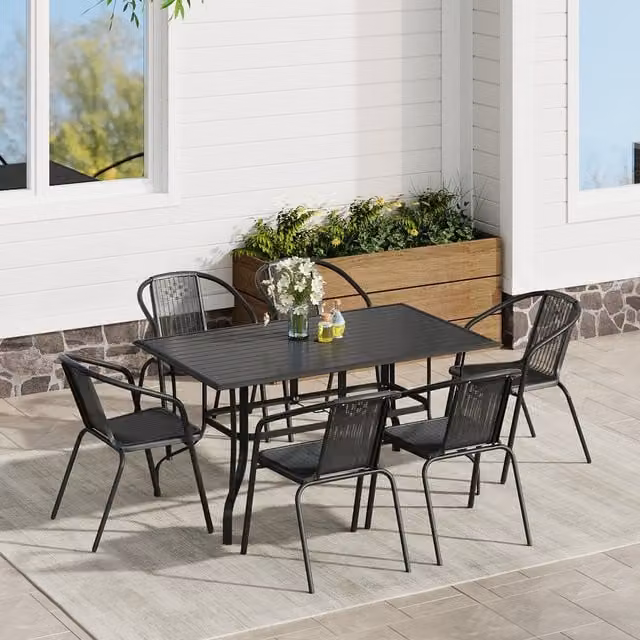 Komore 6 Seater Black Rattan and Metal Patio Set with Square Table