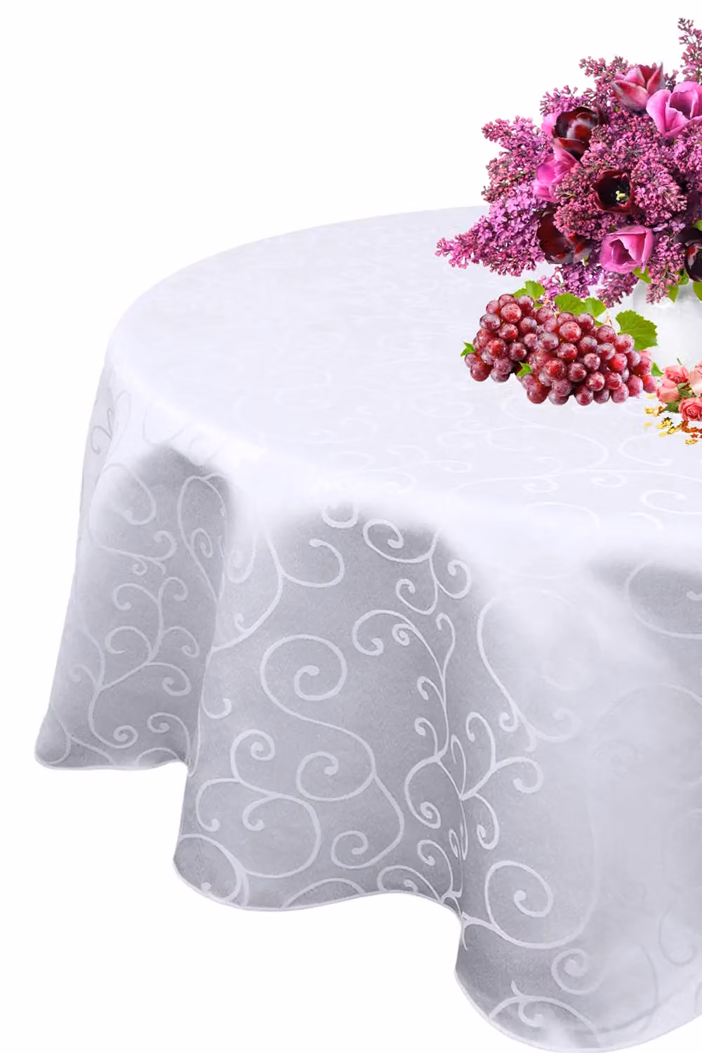 Neel Blue 5-Piece Round Damask Tablecloth Set in White and Blue with Swirl Pattern, Diameter: 228.6 cm