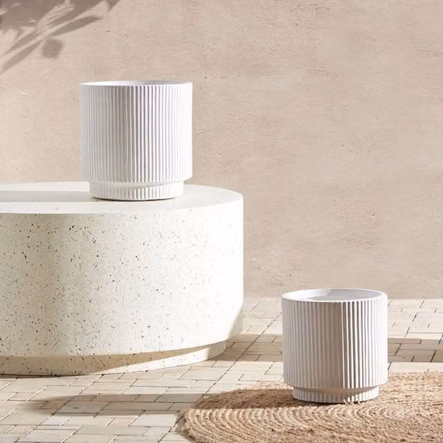 Wyld and Coco White Fibre Clay Square Planter with Vertical Rib Finish, Diameter: 30 cm
