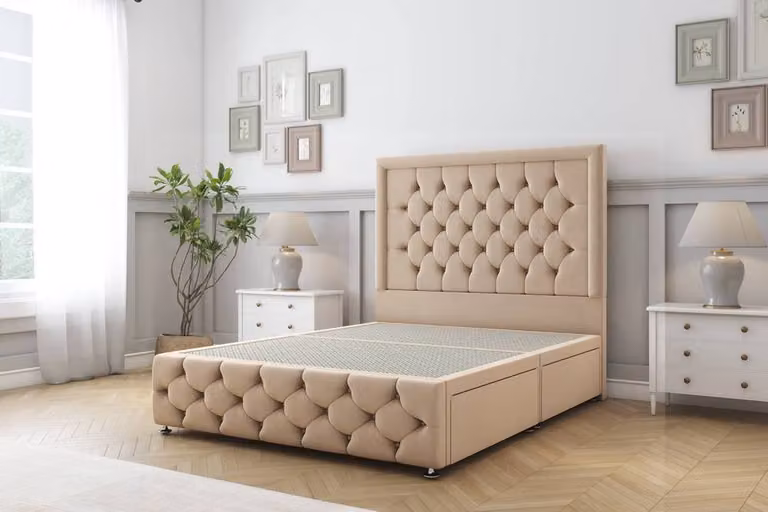 Comfort Beds Winchester Plush Divan Set with 54 inch Headboard and Footboard in Stone, Small Single, W/D/H: 120 x 200 cm