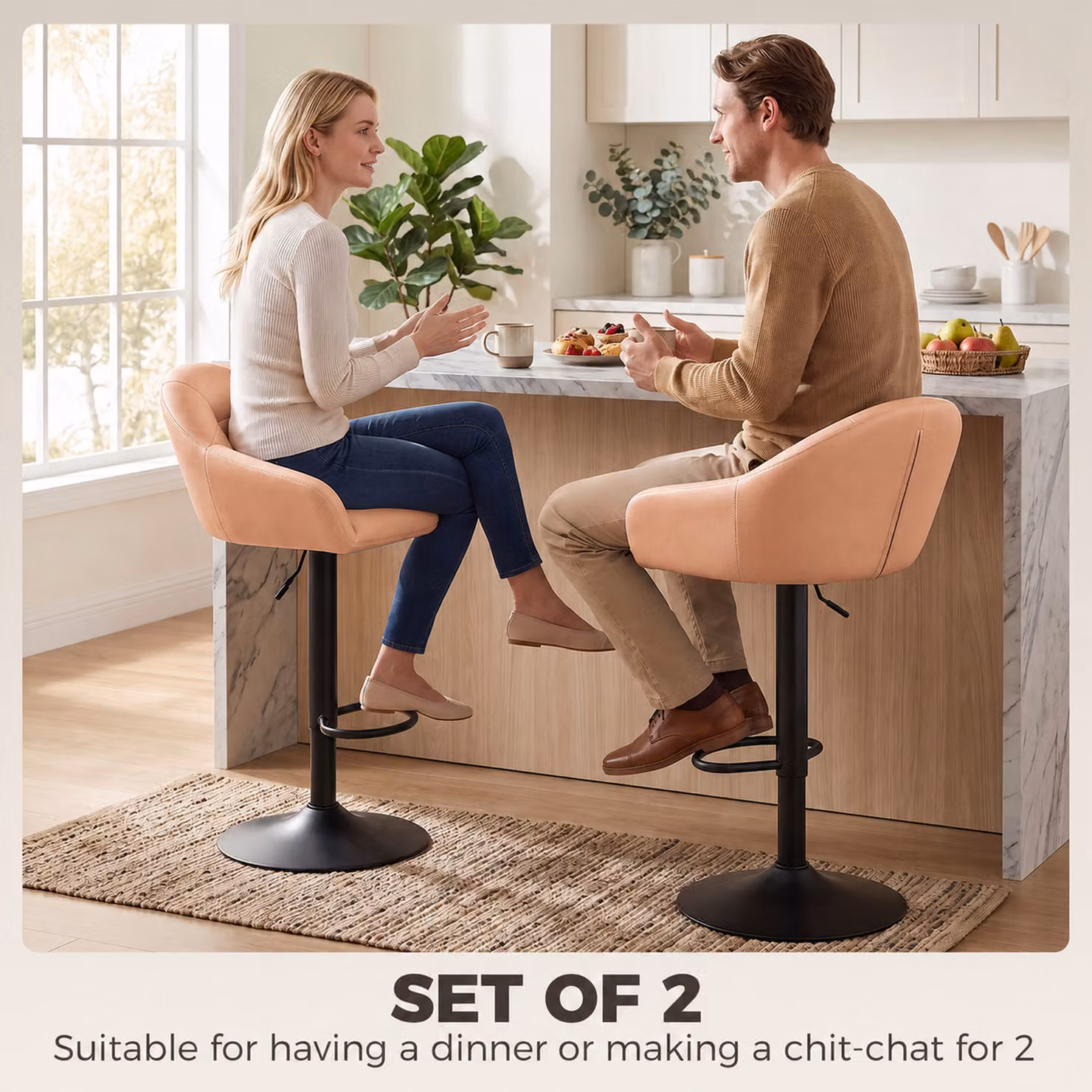 HOMCOM Set of 2 Adjustable Height Bar Stools with Armrests and Backrests in Brown Synthetic Leather – 3